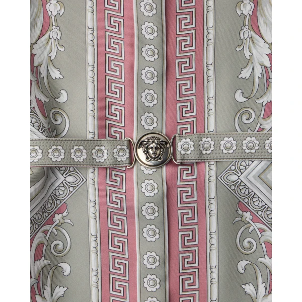 Versace Printed Silk Twill Mini Dress in Grey and Pink, view 4 | Mini Dresses