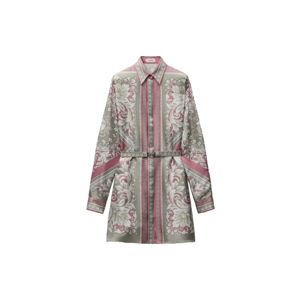 Versace Printed Silk Twill Mini Dress in Grey and Pink | Mini Dresses | Coveti
