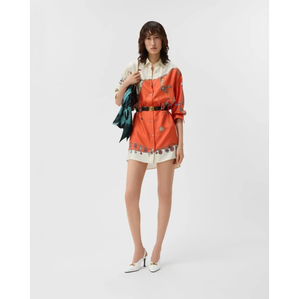 Versace Printed Silk Twill Mini Dress in Orange, view 2 | Mini Dresses