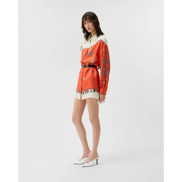 Versace Printed Silk Twill Mini Dress in Orange, view 4 | Mini Dresses