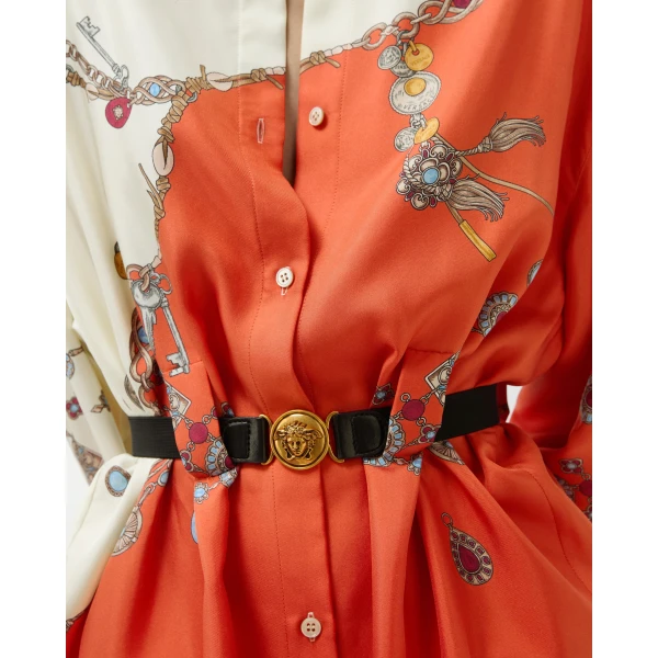 Versace Printed Silk Twill Mini Dress in Orange, view 5 | Mini Dresses