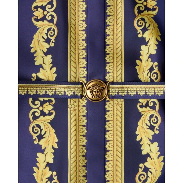 Versace Printed Silk Twill Mini Dress in Purple and Gold, view 2 | Mini Dresses