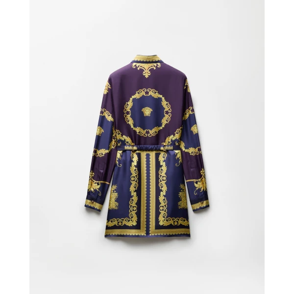 Versace Printed Silk Twill Mini Dress in Purple and Gold, view 3 | Mini Dresses