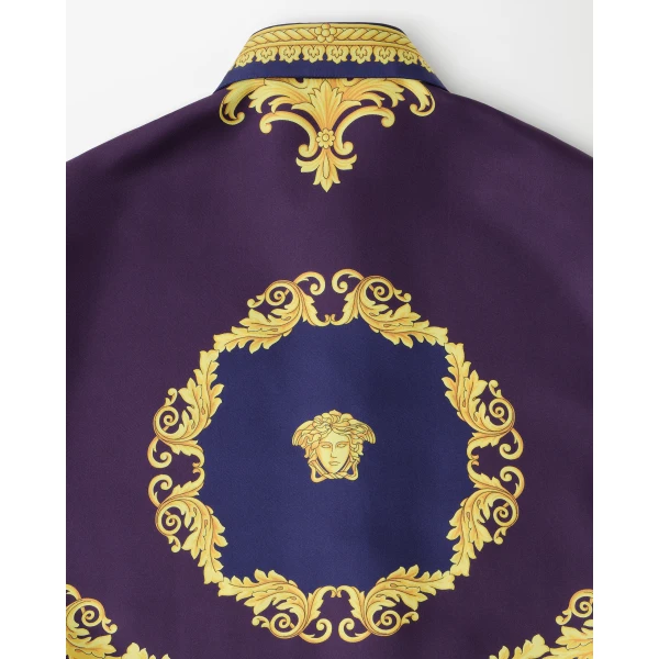 Versace Printed Silk Twill Mini Dress in Purple and Gold, view 4 | Mini Dresses