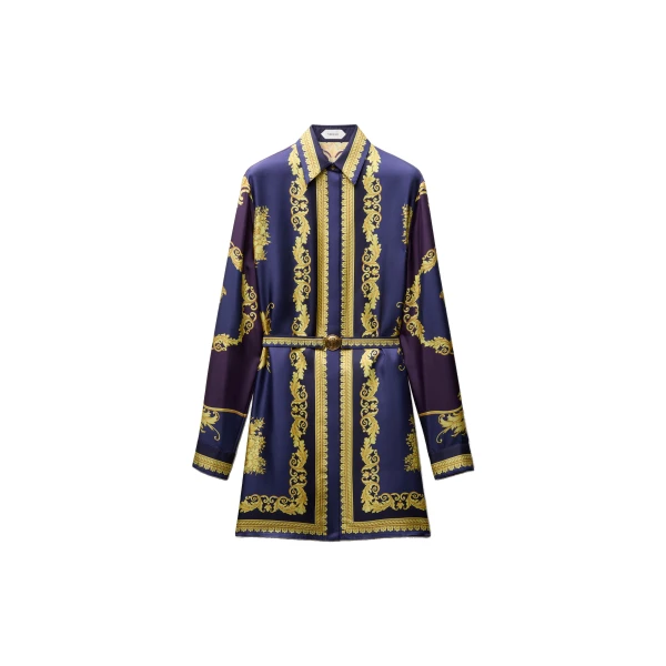 Versace Printed Silk Twill Mini Dress in Purple and Gold | Mini Dresses | Coveti