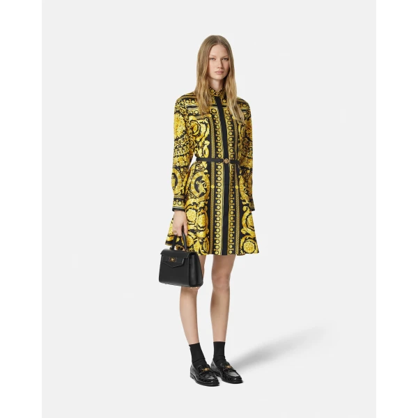 Versace Printed Silk Twill Mini Shirt Dress in Black and Print, view 2 | Mini Dresses