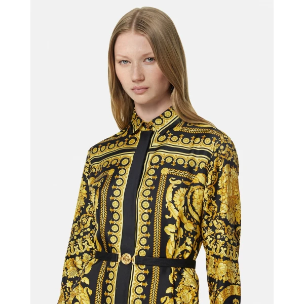 Versace Printed Silk Twill Mini Shirt Dress in Black and Print, view 3 | Mini Dresses