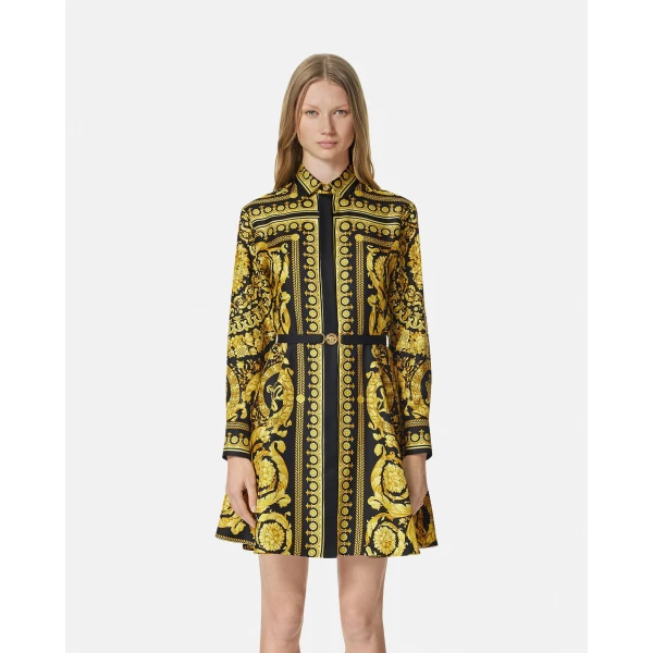 Versace Printed Silk Twill Mini Shirt Dress in Black and Print, view 4 | Mini Dresses