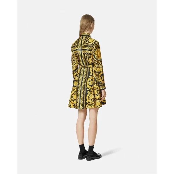 Versace Printed Silk Twill Mini Shirt Dress in Black and Print, view 5 | Mini Dresses