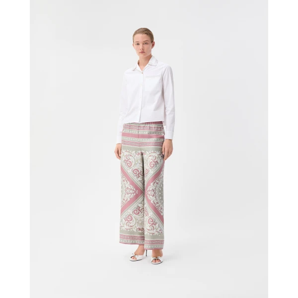 Versace Printed Silk Twill Pajama-Style Pants in Grey and Pink, view 2 | Pants