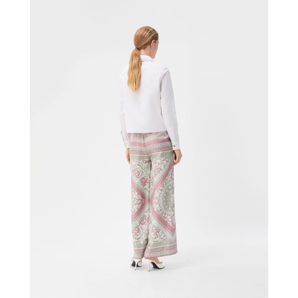 Versace Printed Silk Twill Pajama-Style Pants in Grey and Pink, view 3 | Pants