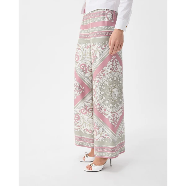 Versace Printed Silk Twill Pajama-Style Pants in Grey and Pink, view 4 | Pants