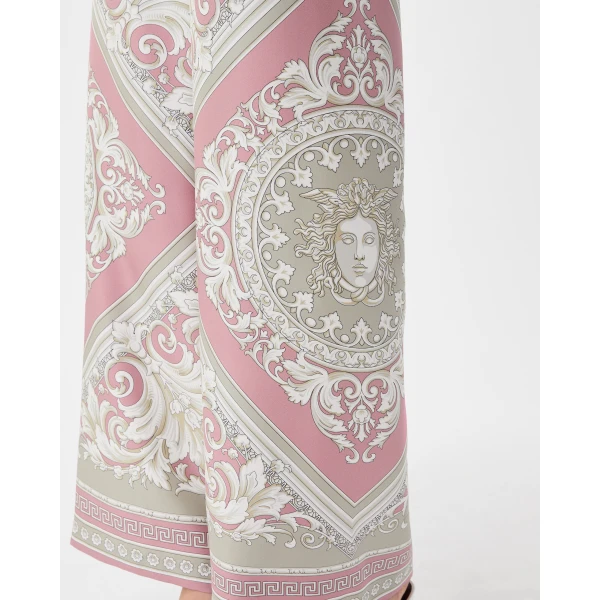 Versace Printed Silk Twill Pajama-Style Pants in Grey and Pink, view 5 | Pants