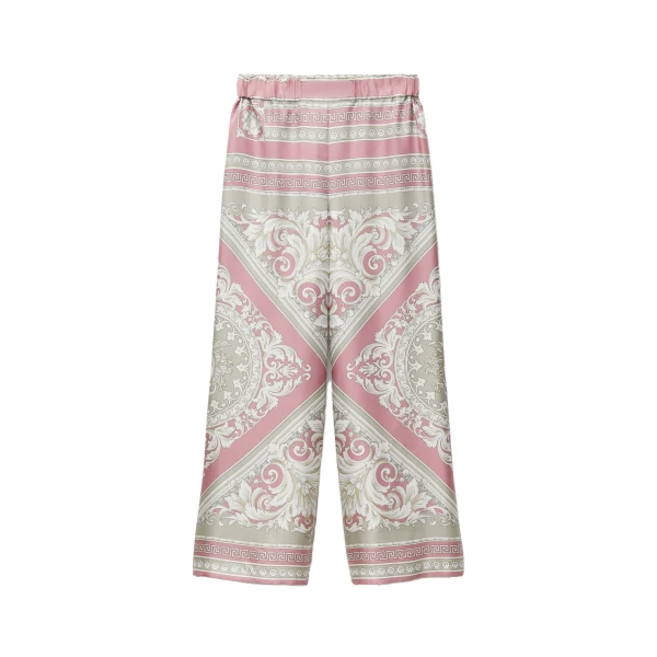 Printed Silk Twill Pajama-Style Pants in Grey and Pink