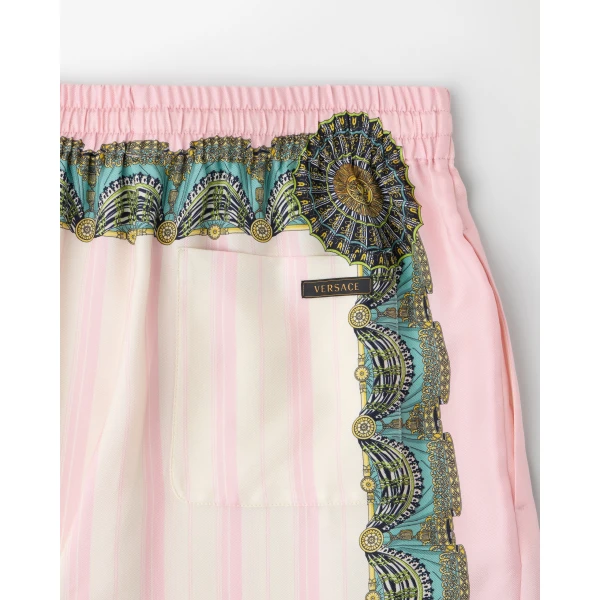 Versace Printed Silk Twill Pajama-Style Pants in Pink, view 4 | Pants