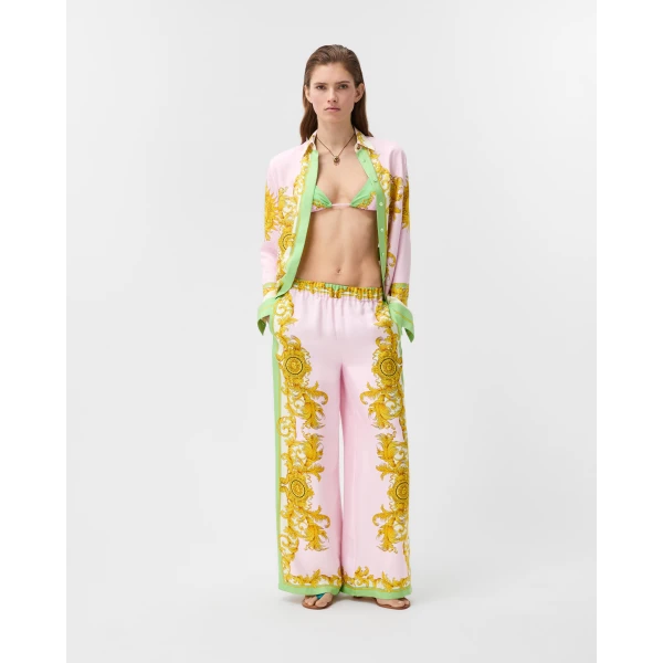 Versace Printed Silk Twill Pajama-Style Pants in Yellow and Pink, view 2 | Pants