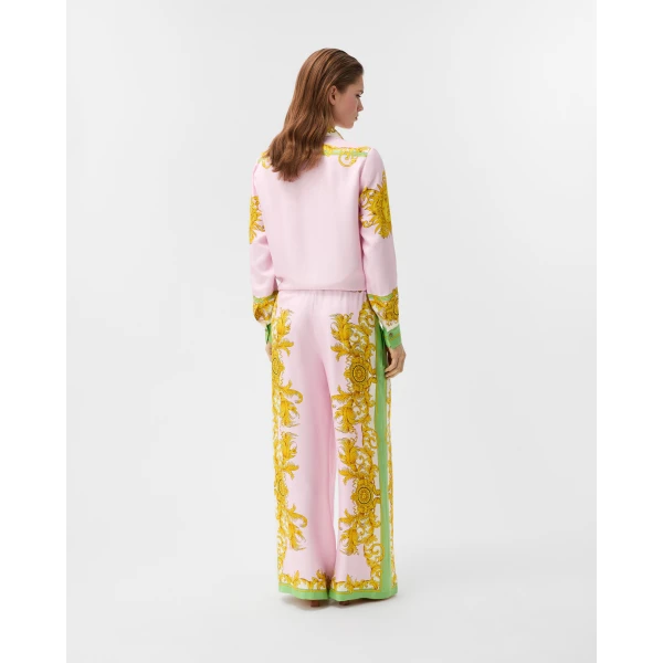 Versace Printed Silk Twill Pajama-Style Pants in Yellow and Pink, view 3 | Pants