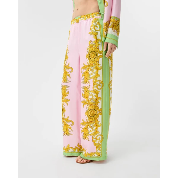 Versace Printed Silk Twill Pajama-Style Pants in Yellow and Pink, view 4 | Pants
