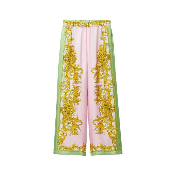 Versace Printed Silk Twill Pajama-Style Pants in Yellow and Pink | Pants | Coveti