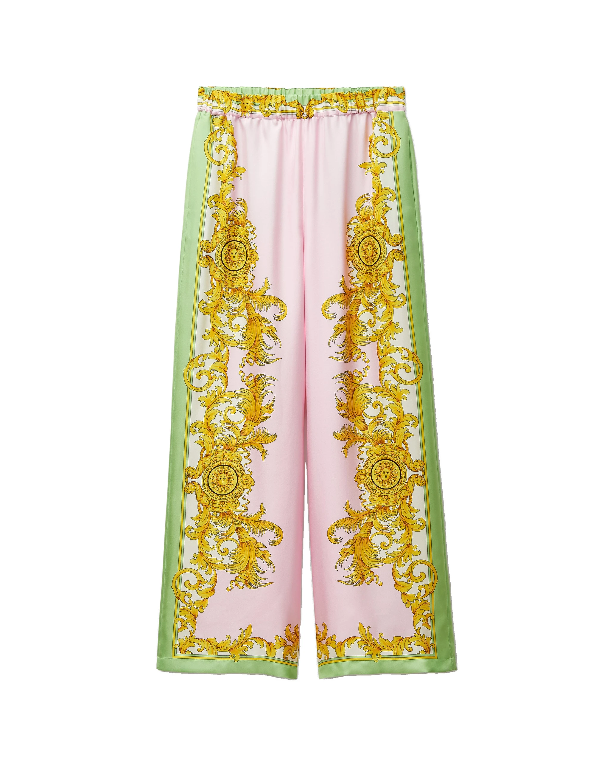 Versace Printed Silk Twill Pajama-Style Pants in Yellow and Pink Versace Printed Silk Twill Pajama-Style Pants in Yellow and Pink | Pants | Coveti