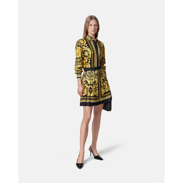 Versace Printed Silk Twill Pleated Mini Skirt in Black and Print, Ref. 1000829, view 2 | Pleated Skirts