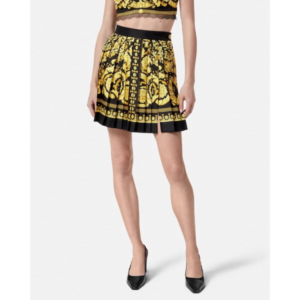 Versace Printed Silk Twill Pleated Mini Skirt in Black and Print, Ref. 1000829, view 4 | Pleated Skirts