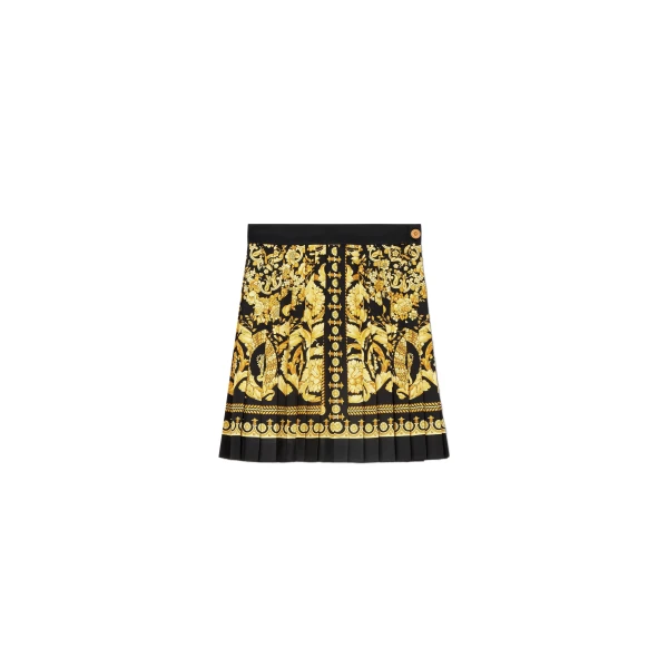 Printed Silk Twill Pleated Mini Skirt in Black and Print, Ref. 1000829