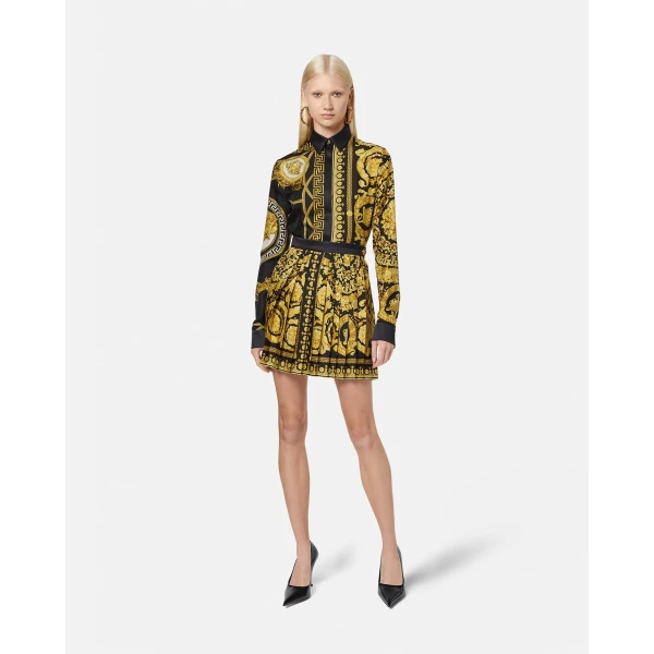 Versace Printed Silk Twill Pleated Mini Skirt in Black and Print, Ref. 1004222, view 2 | Pleated Skirts