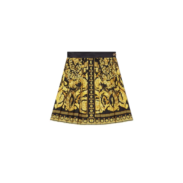 Printed Silk Twill Pleated Mini Skirt in Black and Print, Ref. 1004222