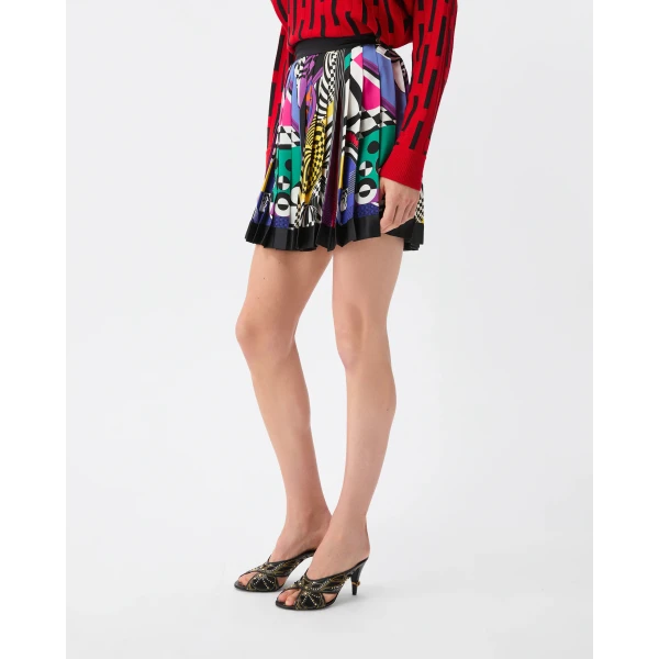 Versace Printed Silk Twill Pleated Mini Skirt in Print, view 4 | Pleated Skirts