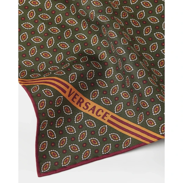 Versace Printed Silk Twill Pocket Square in Green and Print, view 3 | Scarves