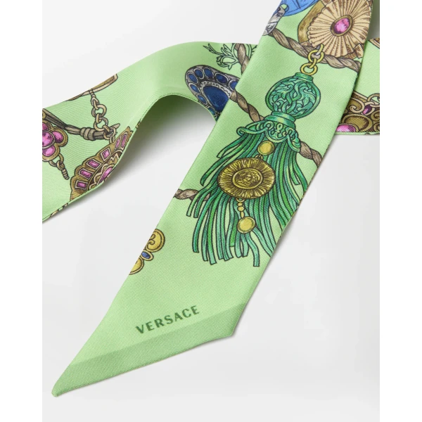 Versace Printed Silk Twill Ribbon in Green, view 2 | Scarves