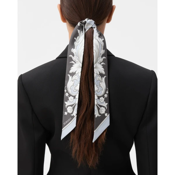 Versace Printed Silk Twill Ribbon in Grey and Black, view 2 | Scarves
