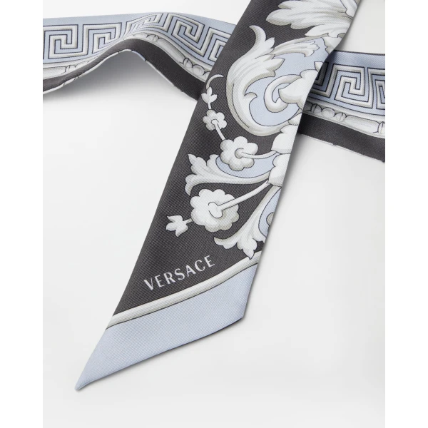 Versace Printed Silk Twill Ribbon in Grey and Black, view 3 | Scarves