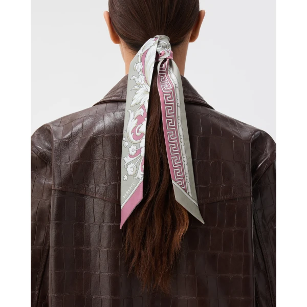 Versace Printed Silk Twill Ribbon in Grey and Pink, view 2 | Scarves