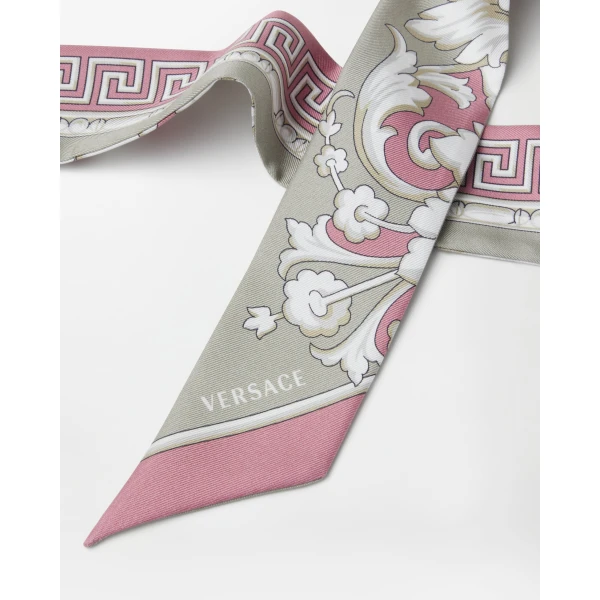 Versace Printed Silk Twill Ribbon in Grey and Pink, view 3 | Scarves