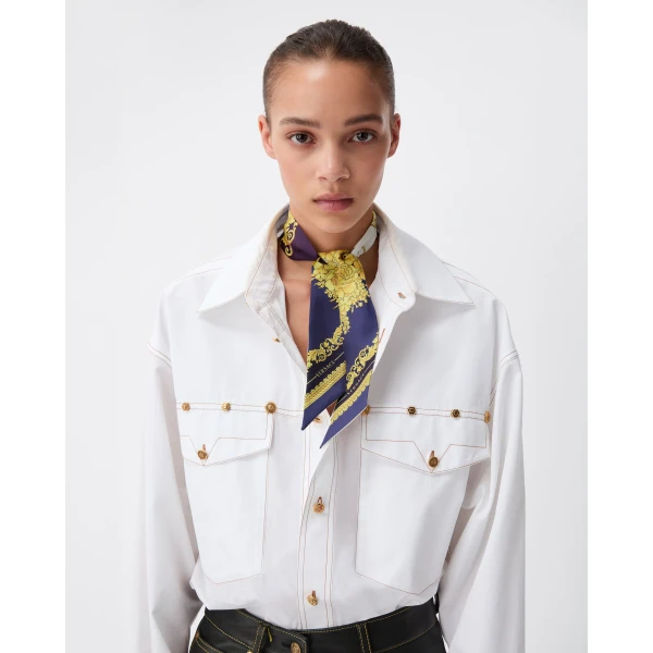 Versace Printed Silk Twill Ribbon in Purple and White, view 2 | Scarves