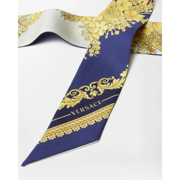 Versace Printed Silk Twill Ribbon in Purple and White, view 3 | Scarves