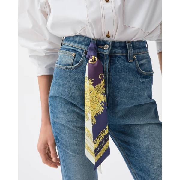 Versace Printed Silk Twill Ribbon in Purple and White, view 4 | Scarves