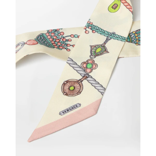 Versace Printed Silk Twill Ribbon in White and Hangin' Out Print, view 2 | Scarves