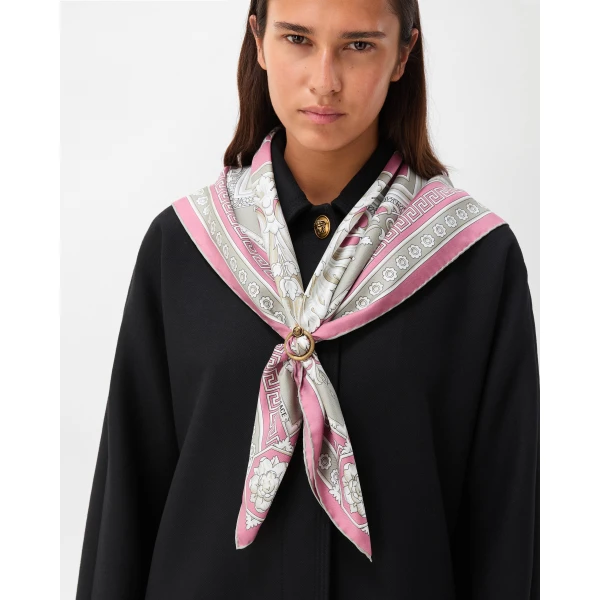 Versace Printed Silk Twill Scarf 90 cm in Grey and Pink, view 2 | Scarves