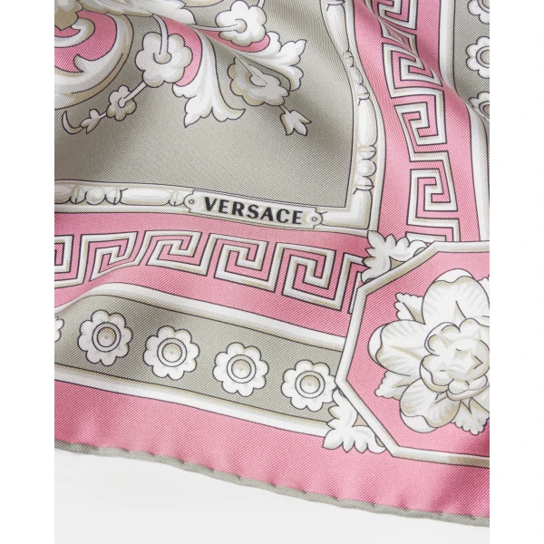 Versace Printed Silk Twill Scarf 90 cm in Grey and Pink, view 3 | Scarves