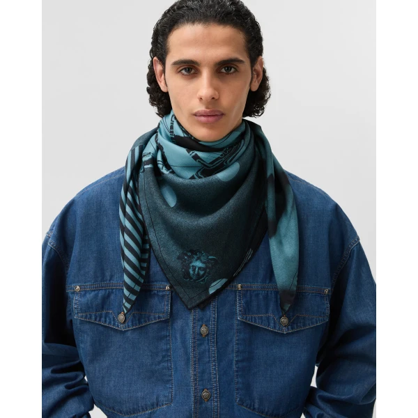 Versace Printed Silk Twill Scarf 90 cm in Light Blue, view 4 | Scarves