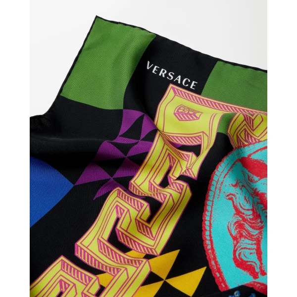 Versace Printed Silk Twill Scarf 90 cm in Medusa Collage Print, view 3 | Scarves
