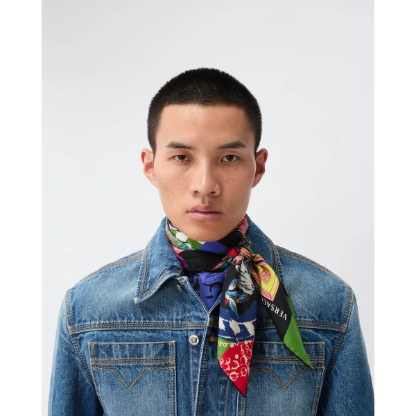 Versace Printed Silk Twill Scarf 90 cm in Medusa Collage Print, view 4 | Scarves