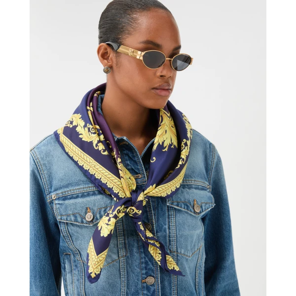 Versace Printed Silk Twill Scarf 90 cm in Purple and Gold, view 2 | Scarves