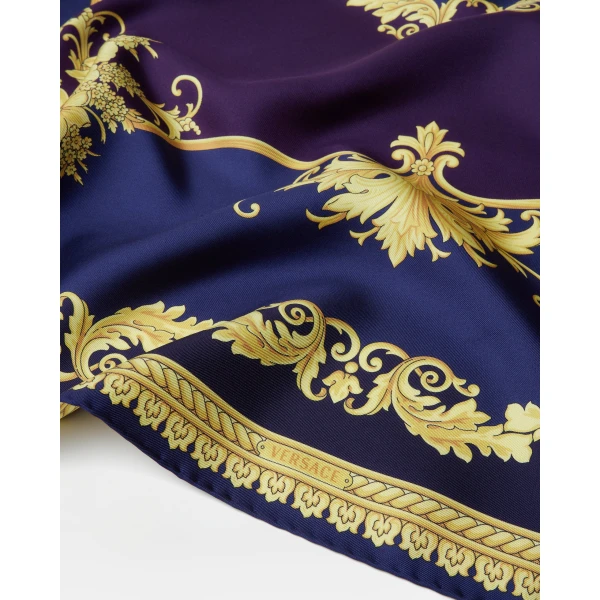 Versace Printed Silk Twill Scarf 90 cm in Purple and Gold, view 3 | Scarves