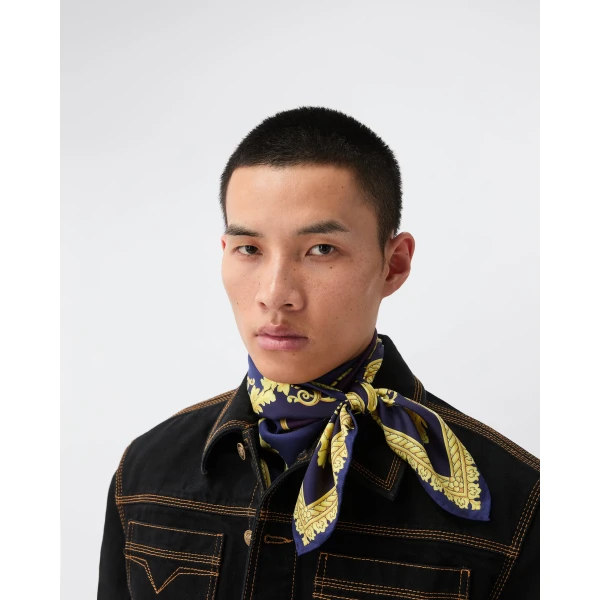 Versace Printed Silk Twill Scarf 90 cm in Purple and Gold, view 4 | Scarves