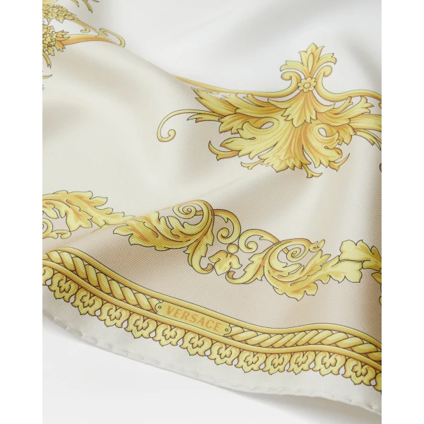 Versace Printed Silk Twill Scarf 90 cm in White and Gold, view 3 | Scarves