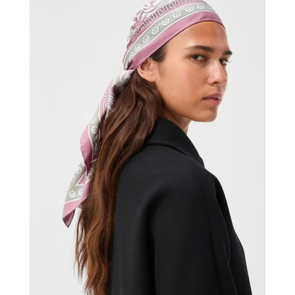 Versace Printed Silk Twill Scarf in Grey and Pink, view 2 | Scarves